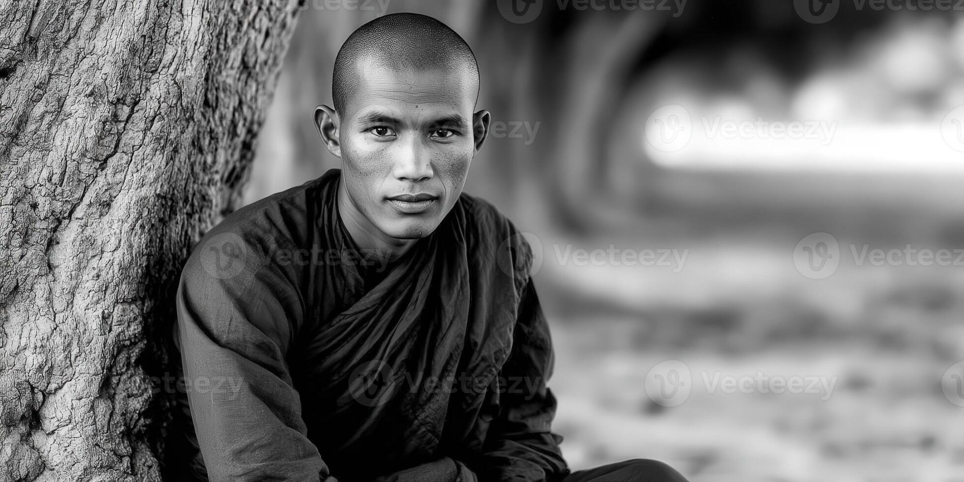 Young Buddhist monk rests against tree in Bagan, Myanmar photo