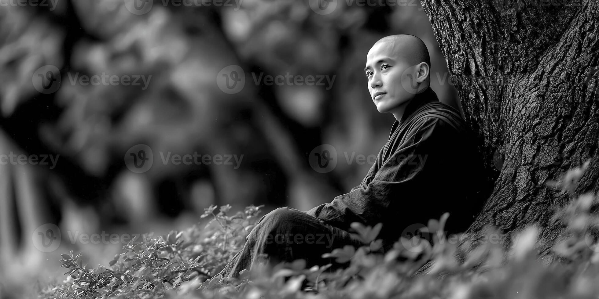 Monk sits in meditation under tree in nature on peaceful day photo