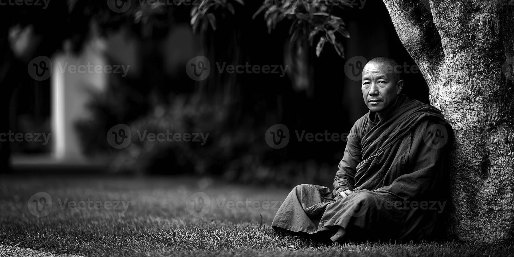 Meditative monk sits beneath a tree in early morning sunlight photo