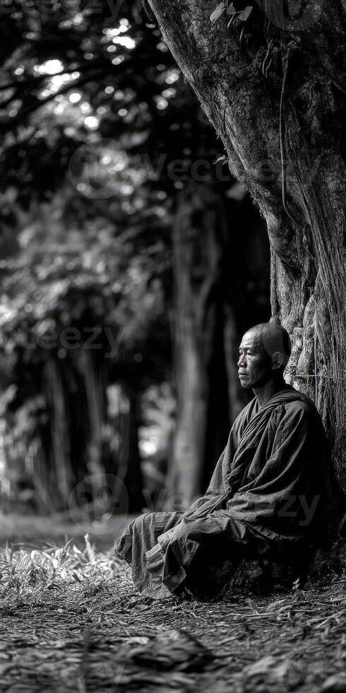 Monk sitting quietly against a tree trunk in the Forest photo