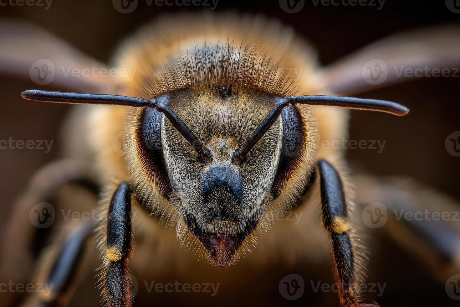 Honey bee face close-up showing detail of compound eyes and antennae photo