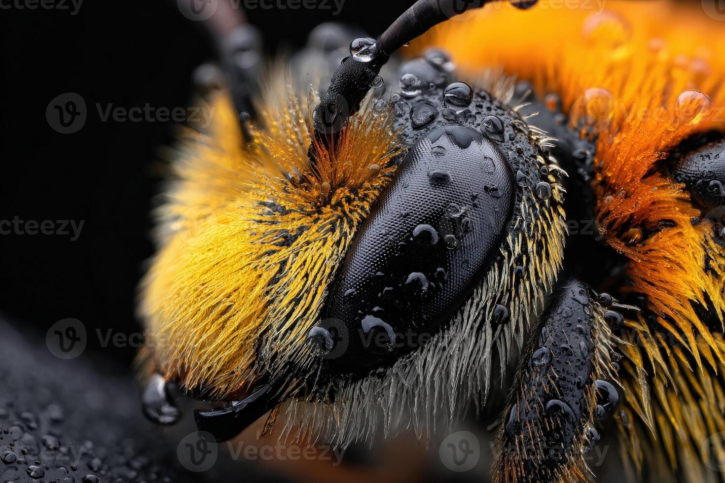 Close-up shows european wool carder bee with water droplets photo