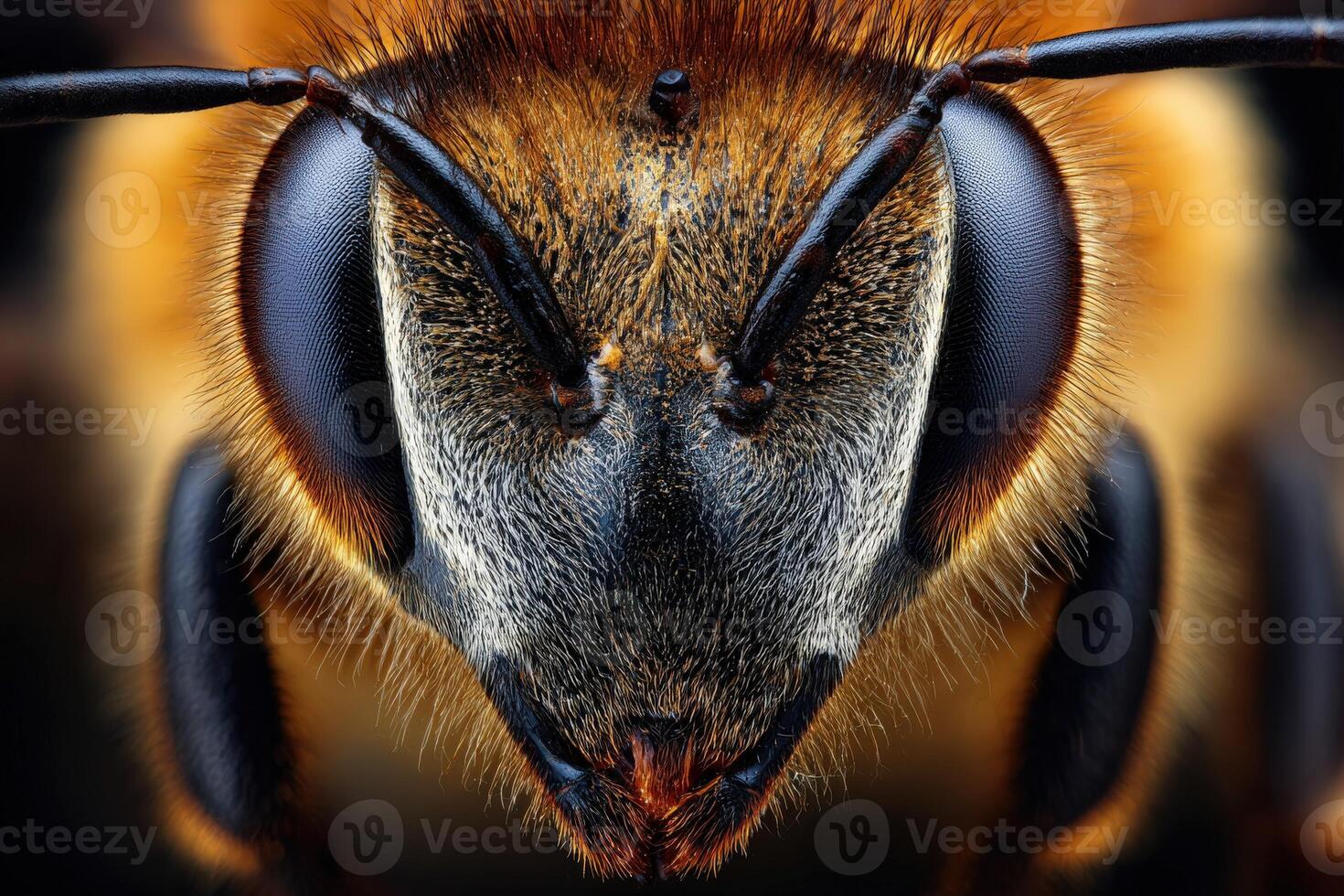 Extreme close-up shows the face of a Honey Bee looking forward photo