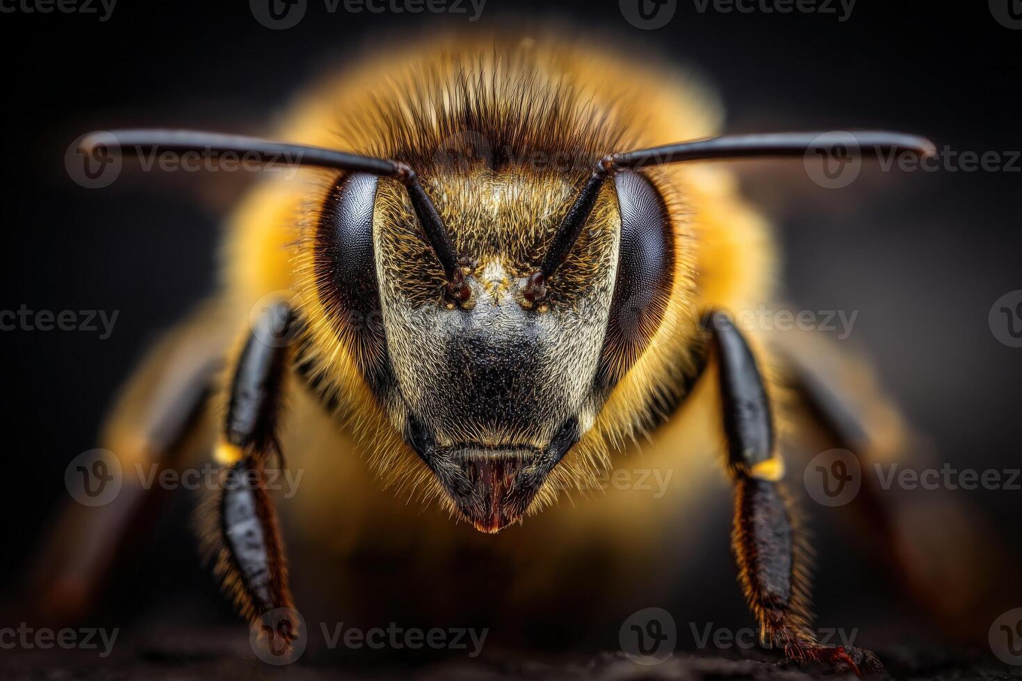 Close-up shows honey bee's face, eyes, and antennae details photo