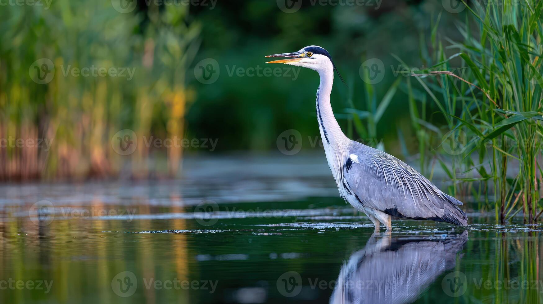Grey heron standing in shallow water in the evening photo
