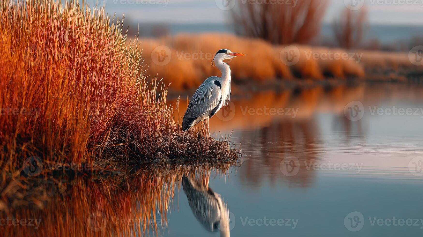 Grey heron stands near water reflecting golden reeds photo