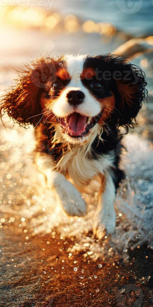 Cavalier King Charles spaniel runs through water at sunset photo