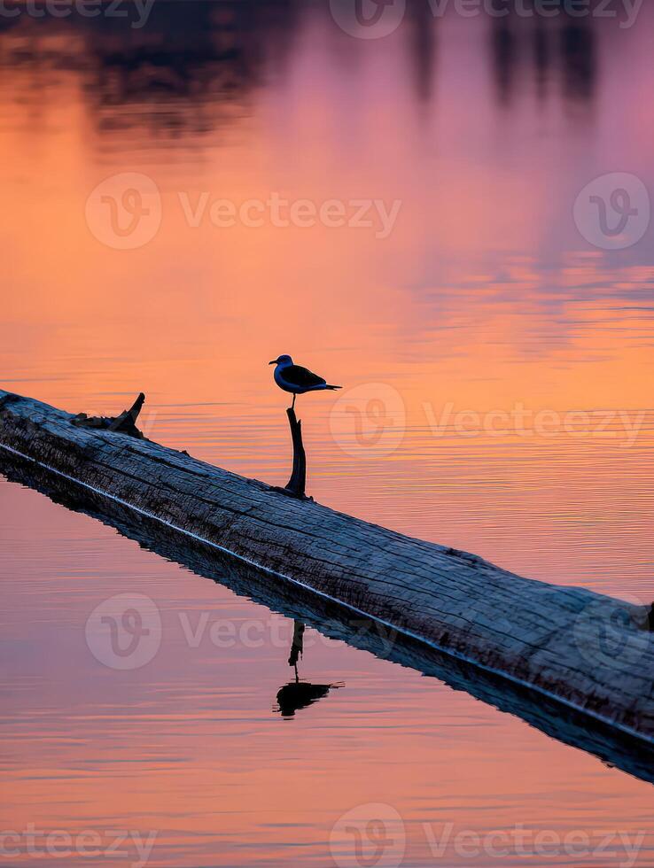 Seagull perched on a log at a lake during sunset in Oregon photo