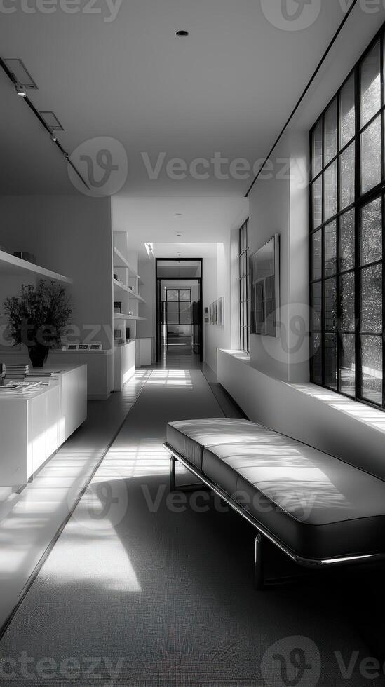 Interior view of bright corridor at Daytime in monochrome photo