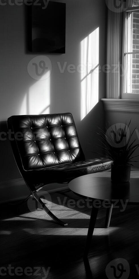 Black leather chair and modern furniture in the Living Room photo
