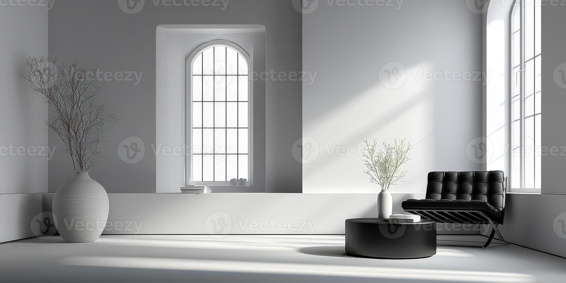 Minimalist room with black chair and arched windows during the day photo