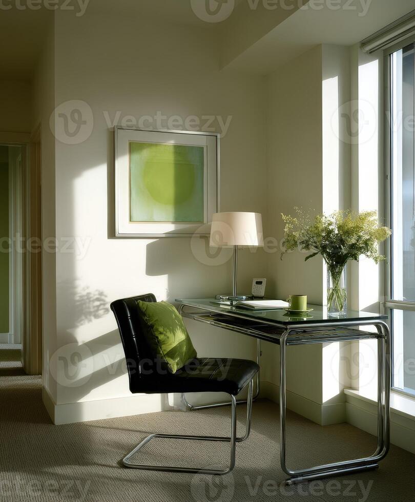 Interior design with glass desk and artwork during daylight photo