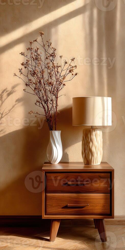 Still life with lamp and vase on wooden bedside table photo