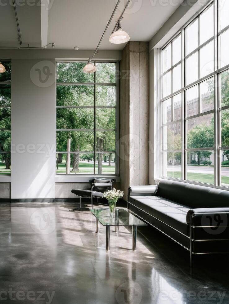 Bauhaus architectural interior with sofa near large windows photo