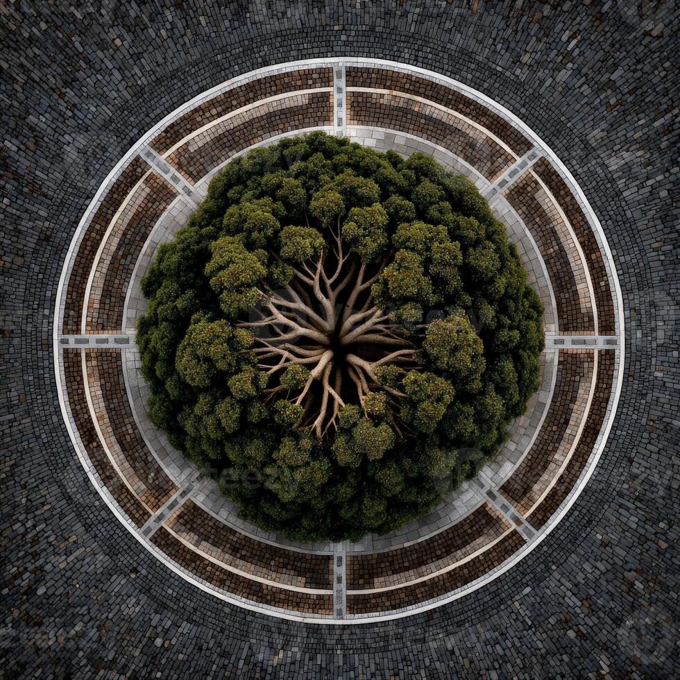 Top down view of tree in cobblestone roundabout garden photo