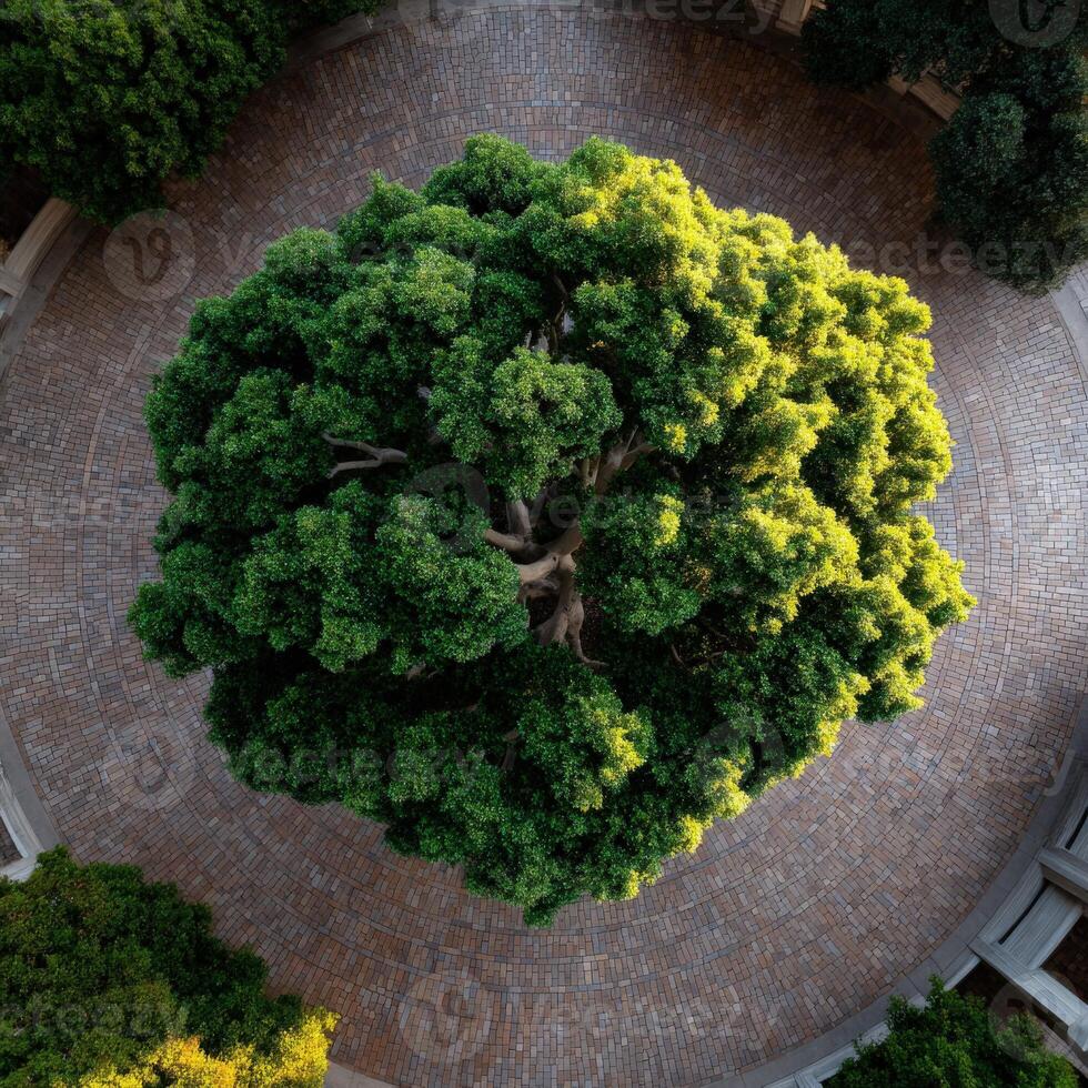 Large green tree in a brick circle at Stanford University photo