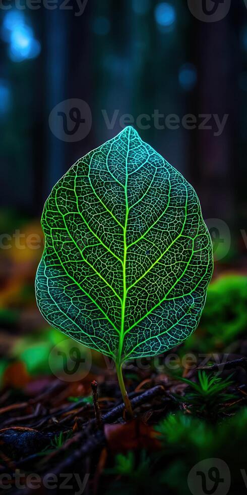 Single green leaf with intricate veins glows in forest floor photo