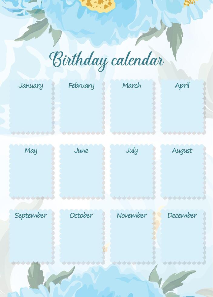 Floral birthday calendar layout vector