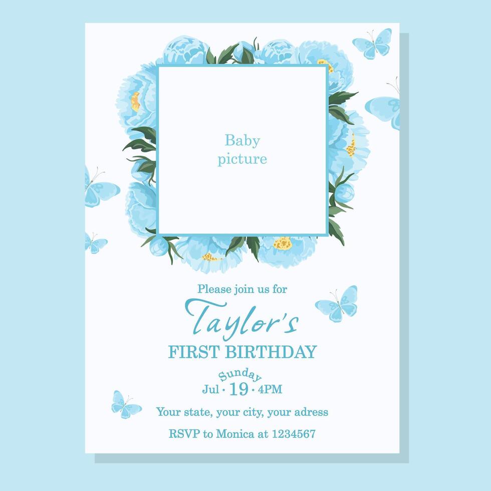Firts birthday invitation template with photo frame Blue peonies vector