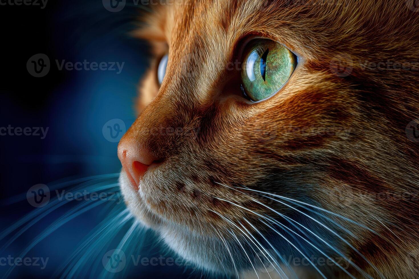 Close-up portrait of an orange tabby cat with striking green eyes, showcasing intricate fur texture and whiskers against a softly blurred dark background, capturing feline beauty and expression photo