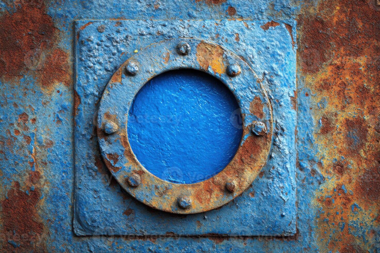 Circular porthole embedded in a weathered blue metal surface, showcasing rust and peeling paint, highlighting the passage of time and industrial aesthetics photo