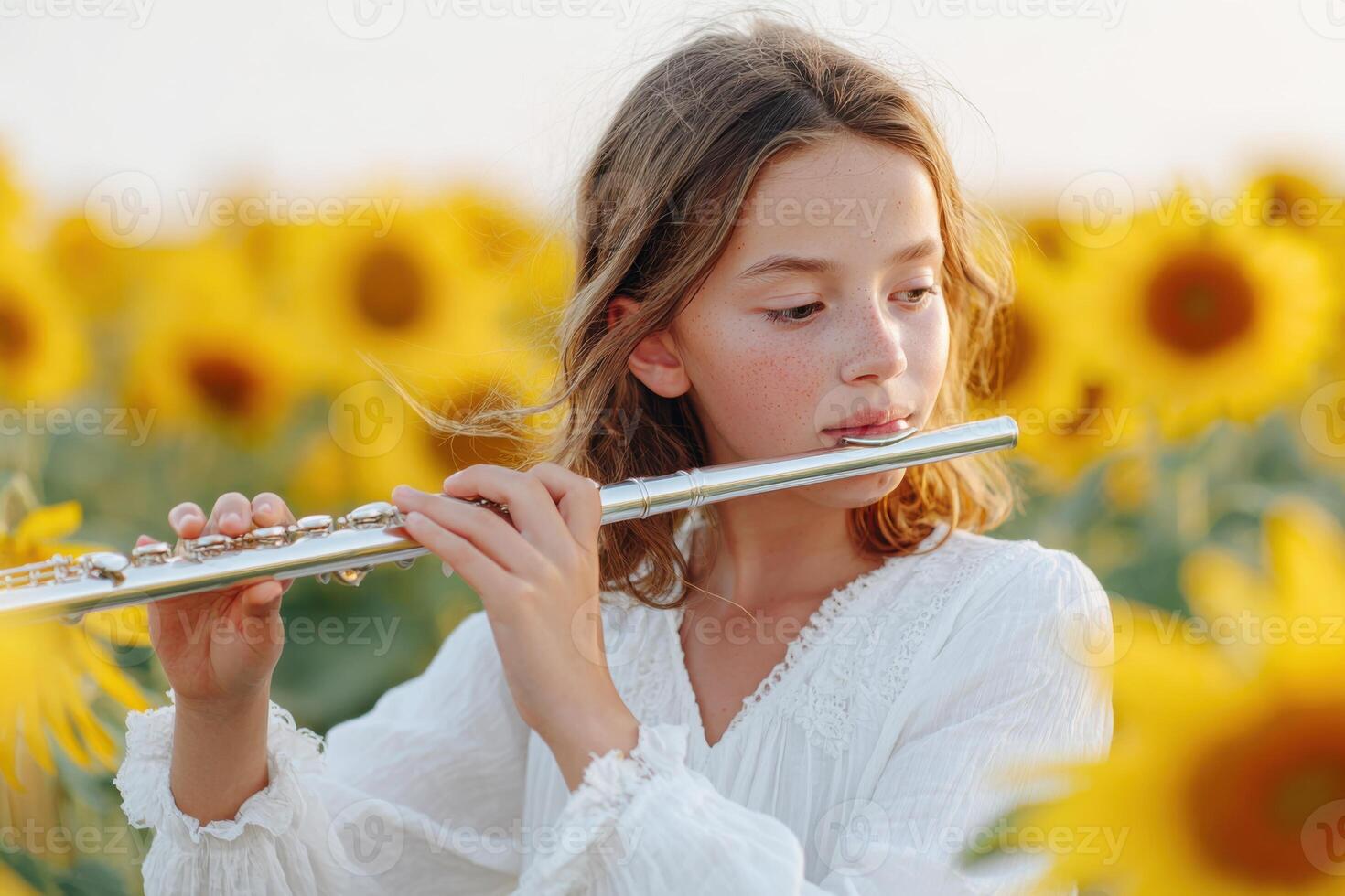 Young flutist playing in a sunflower field photo