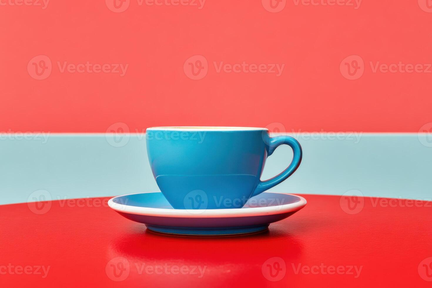 Blue ceramic cup with white rim placed on a round plate, set against a vibrant red background, showcasing modern design and bold color contrast in a minimalist style photo