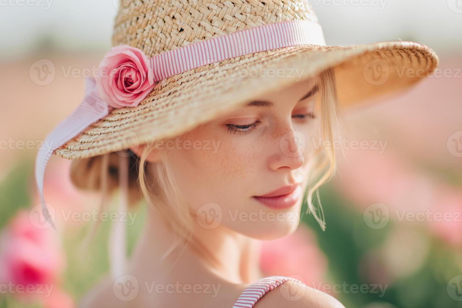Young woman with blonde hair wearing a straw hat adorned with a pink ribbon, surrounded by blooming flowers in a vibrant garden, capturing a serene and joyful moment in nature photo