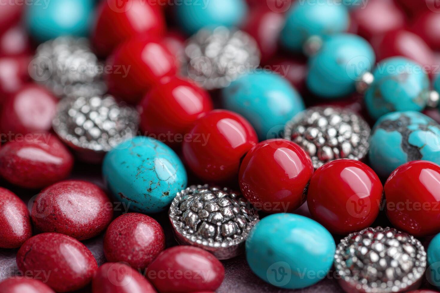 Colorful assortment of red and turquoise beads with metallic accents, showcasing intricate textures and vibrant hues, perfect for jewelry design and creative projects photo