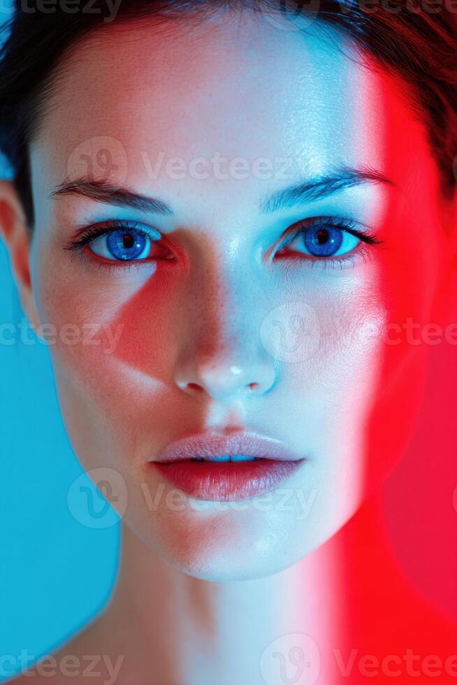 Female model with striking blue eyes illuminated by red and blue lighting, showcasing a captivating expression against a soft gradient background, emphasizing beauty and artistry photo