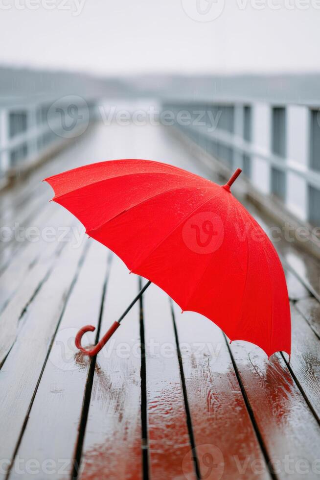 Bright red umbrella standing on wet wooden pier during rainy day photo