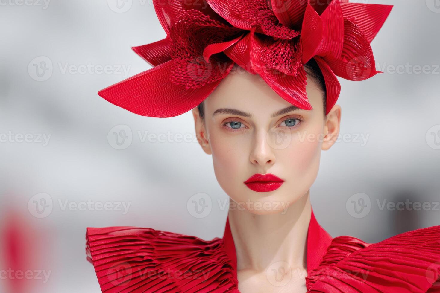 Fashion model wearing extravagant red hat and dress posing in studio photo