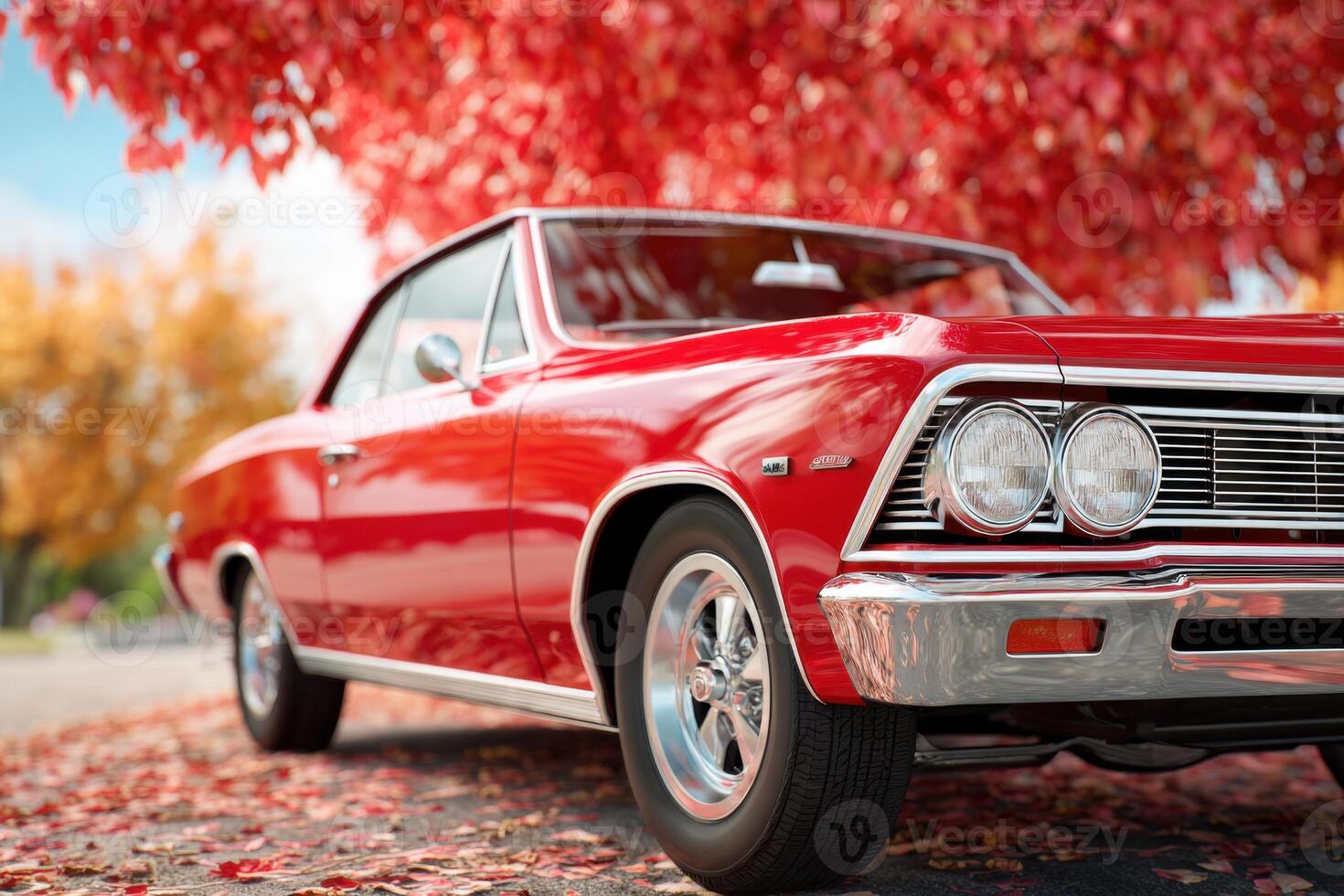 Classic red Chevrolet Chevelle Malibu parked under autumn foliage photo