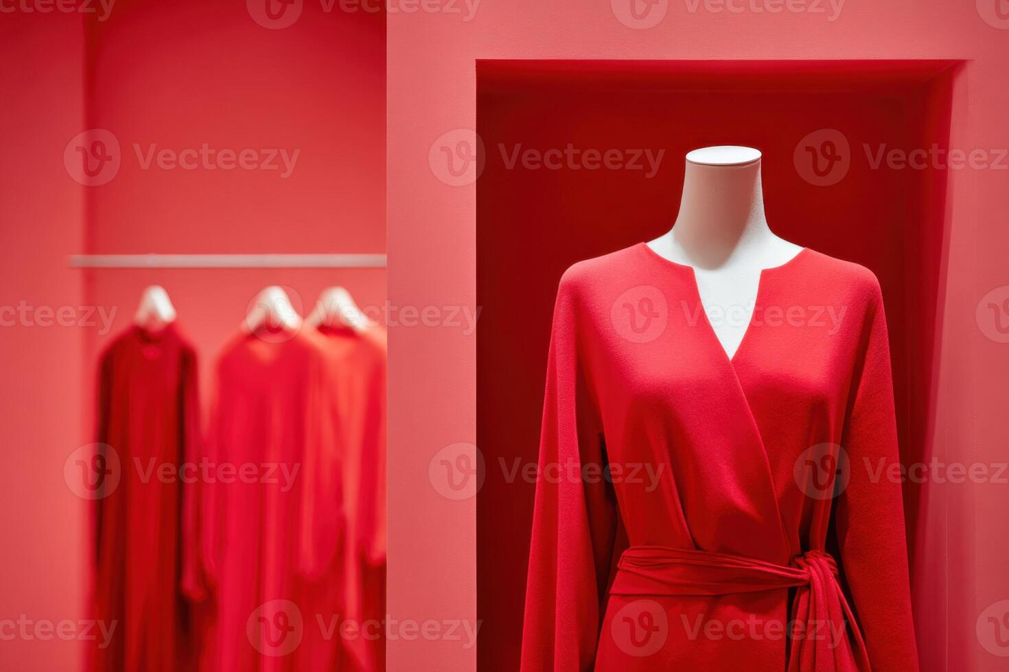 Mannequin wearing red wrap dress in fashion boutique interior photo