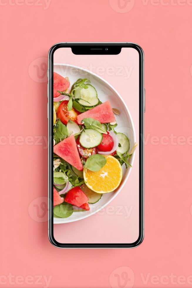 Smartphone displaying colorful summer salad with watermelon, cucumber and orange on pink background photo