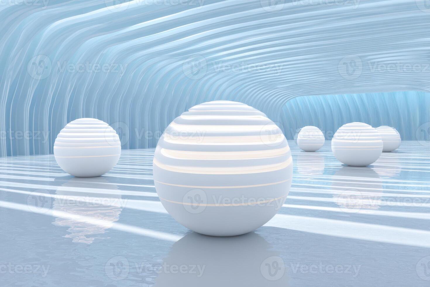 White spheres reflecting in a blue futuristic corridor photo