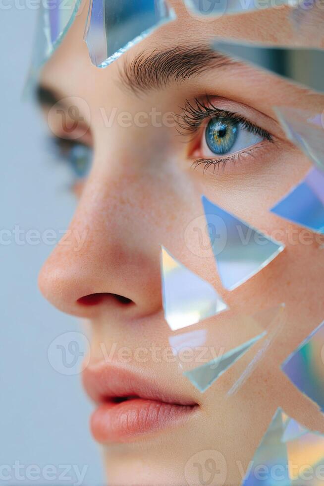 Model showcasing creative makeup with iridescent glass shards on face photo