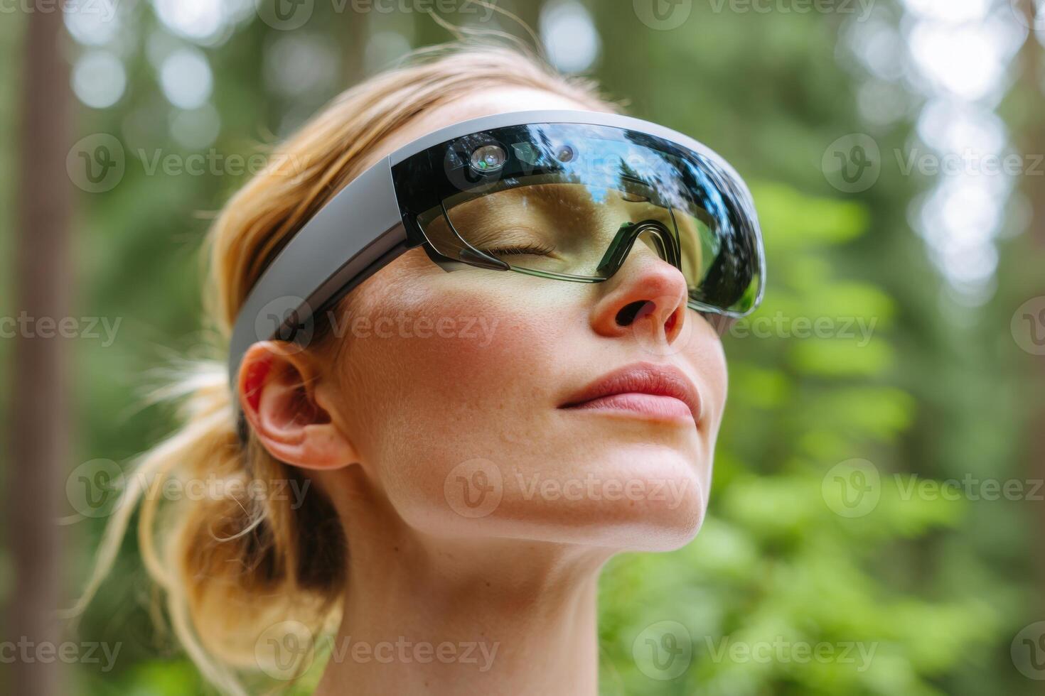 Woman wearing augmented reality glasses enjoying nature in a forest photo