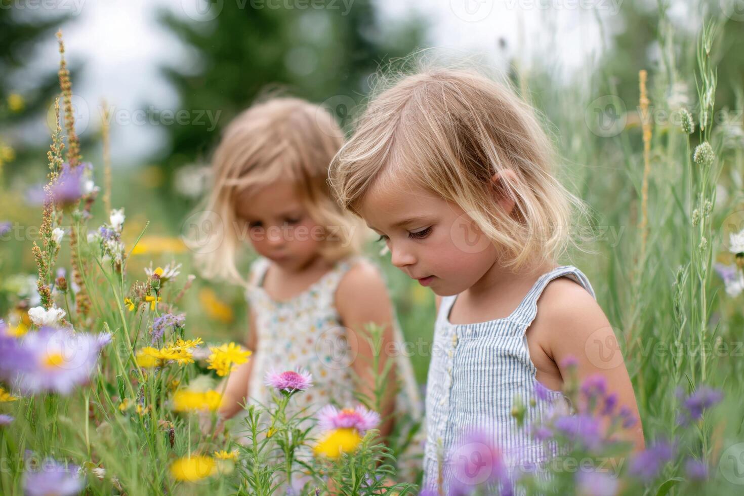 Two little girls exploring a rewilded backyard garden with tall grass and colorful flowers photo