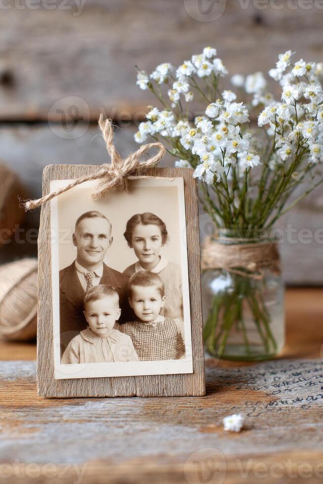 Old Family Photo Displayed on Wooden Table with White Flowers