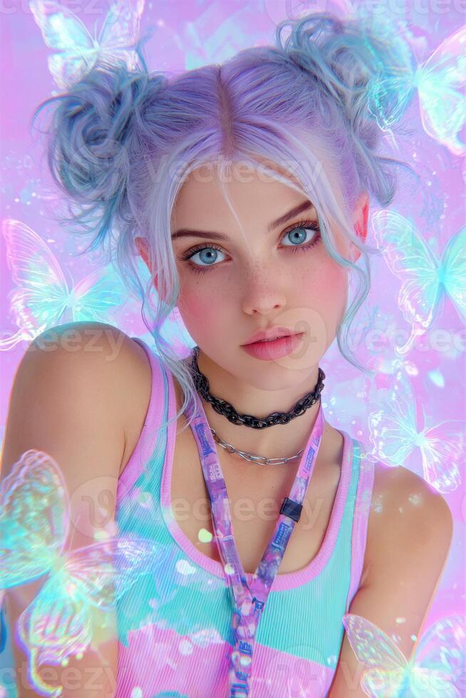 Pastel-punk girl with holographic butterflies posing for a fashion shooting photo