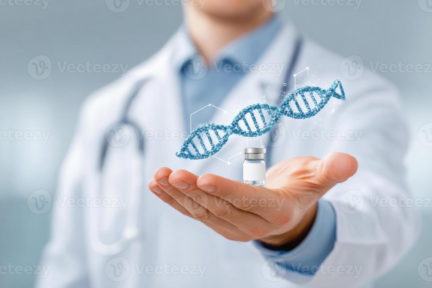 Medical professional in white coat holds vial with DNA strand hologram, symbolizing innovative genetic treatments for diabetes and advanced healthcare solutions photo