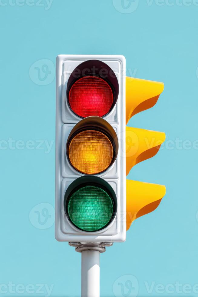 Traffic light with red, yellow, and green signals against a clear blue sky, symbolizing road safety and traffic management in urban environments photo