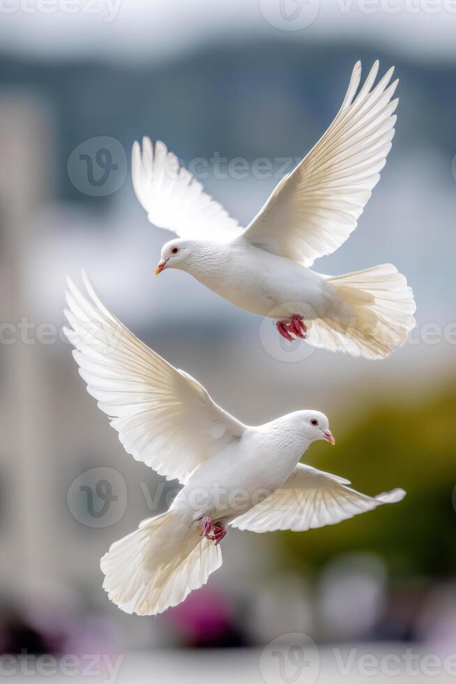 Two white doves gracefully soar through the air, showcasing their elegant wings and vibrant feathers, symbolizing peace and freedom in a serene outdoor environment photo