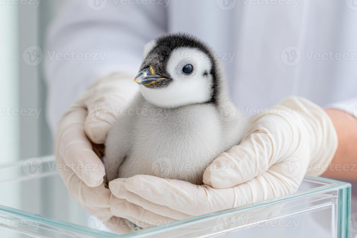 Adorable baby penguin being gently held by a caregiver in a clear glass enclosure, showcasing the nurturing environment and the delicate features of this young bird photo