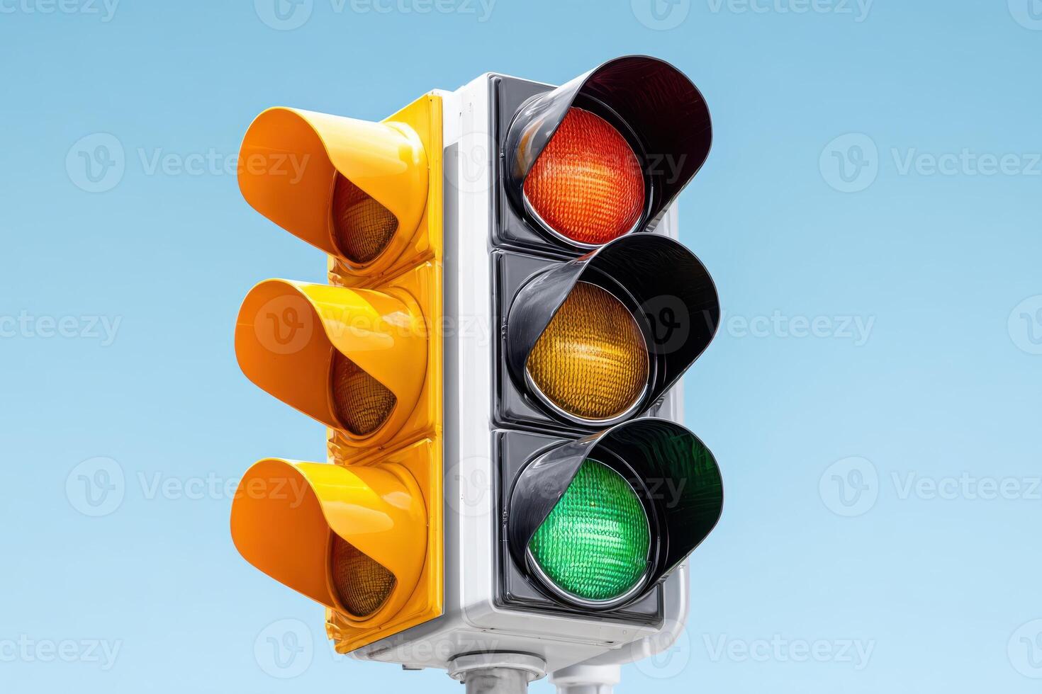 Traffic light with red, yellow, and green signals against a clear blue sky, symbolizing road safety and vehicle control in urban environments, guiding drivers and pedestrians photo