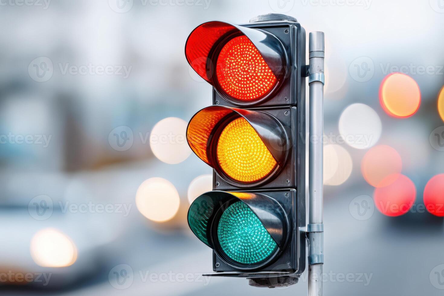 Traffic light displaying red, yellow, and green signals, mounted on a pole, with blurred vehicles and cityscape in the background, illustrating urban transportation control photo