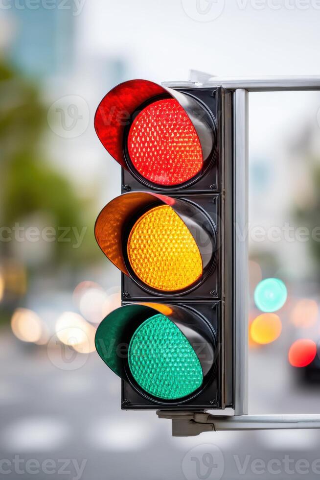 Traffic light displaying red, yellow, and green signals, with blurred city street background, illustrating urban transportation and road safety concepts in action photo