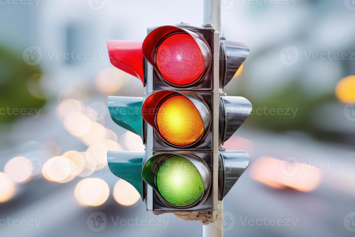 Traffic light displaying red, yellow, and green signals against a blurred urban background, illustrating road safety and traffic management in a busy city environment photo