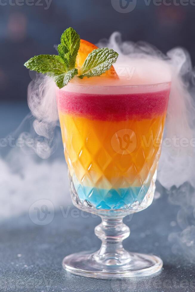 Colorful layered cocktail in a crystal glass garnished with mint leaves and an orange slice, showcasing vibrant hues and a smoky effect for a refreshing drink experience photo